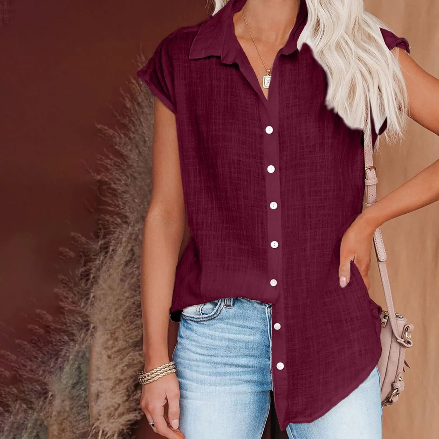 Linen Shirts for Women Summer Button Down Cap Sleeve Shirts Casual Loose Solid V Neck Tops Business Casual Blouses