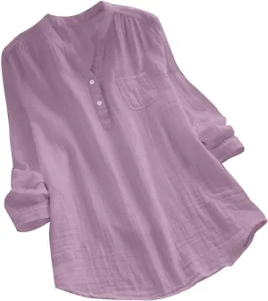 Linen Shirts for Women V Neck Button Down Blouse Long Sleeve Office Work Tops Vintage Vacation Shirt Blouse Tops