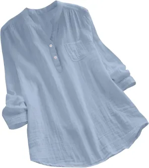Linen Shirts for Women V Neck Button Down Blouse Long Sleeve Office Work Tops Vintage Vacation Shirt Blouse Tops