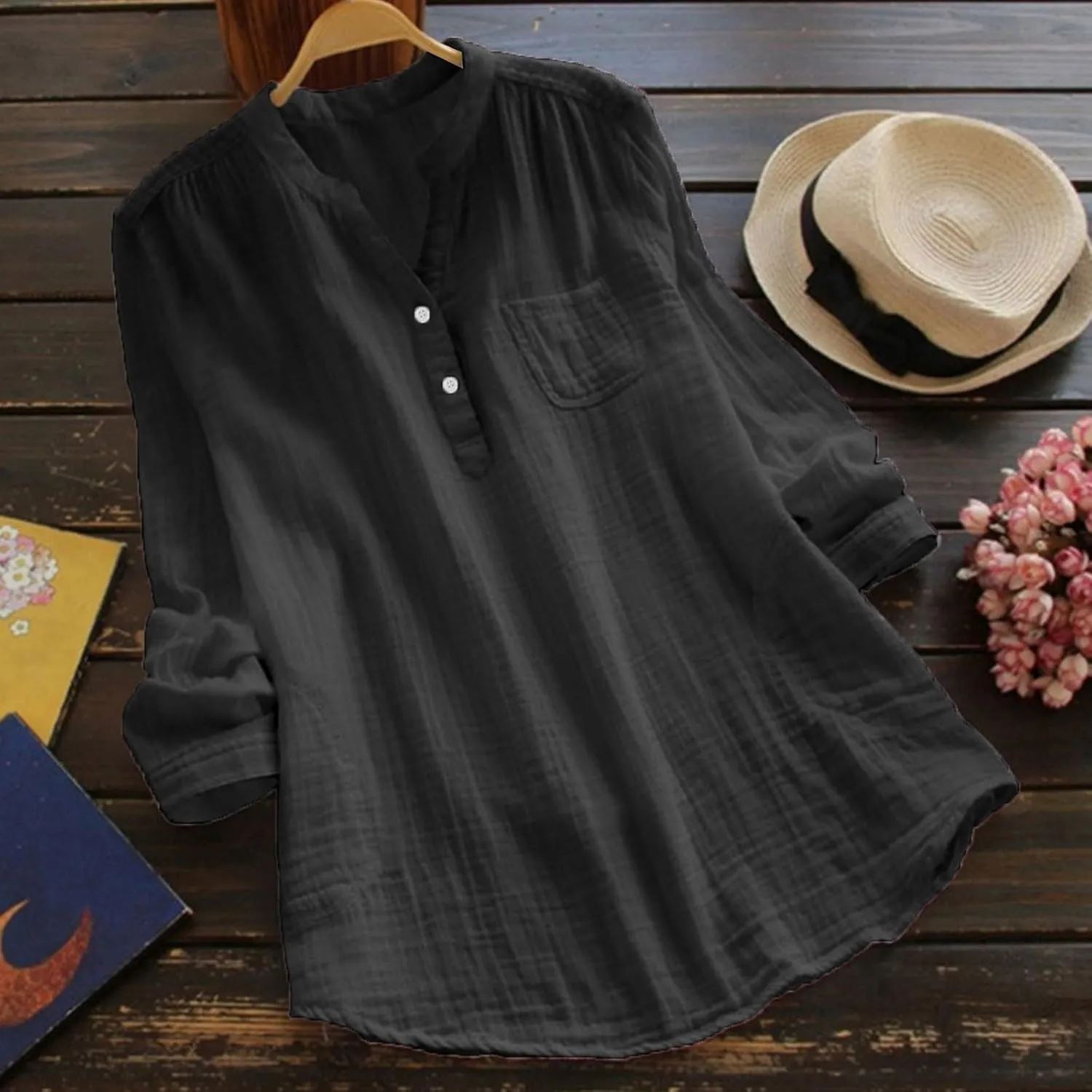 Linen Shirts for Women V Neck Button Down Blouse Long Sleeve Office Work Tops Vintage Vacation Shirt Blouse Tops