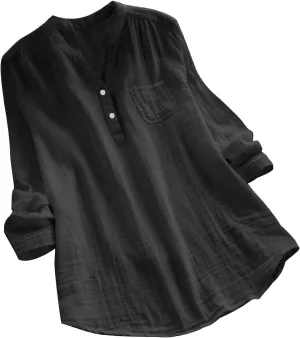 Linen Shirts for Women V Neck Button Down Blouse Long Sleeve Office Work Tops Vintage Vacation Shirt Blouse Tops