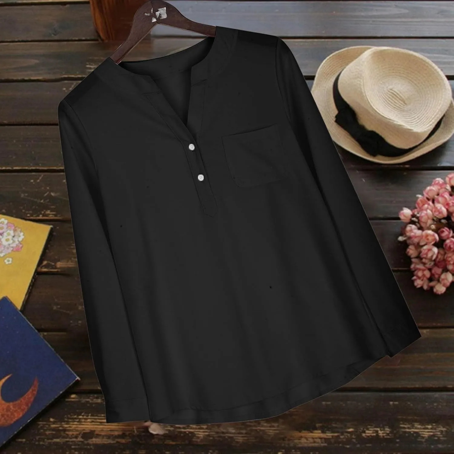 Linen Shirts for Women V Neck Button Down Blouse Long Sleeve Office Work Tops Vintage Vacation Shirt Blouse Tops