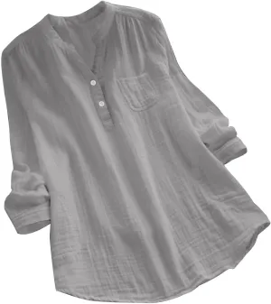 Linen Shirts for Women V Neck Button Down Blouse Long Sleeve Office Work Tops Vintage Vacation Shirt Blouse Tops