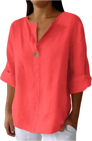 Linen Tops for Women 2025 Summer Trendy 3/4 Sleeve Cotton Linen Shirt Casual Button V Neck Tunic Blouses Plus Size