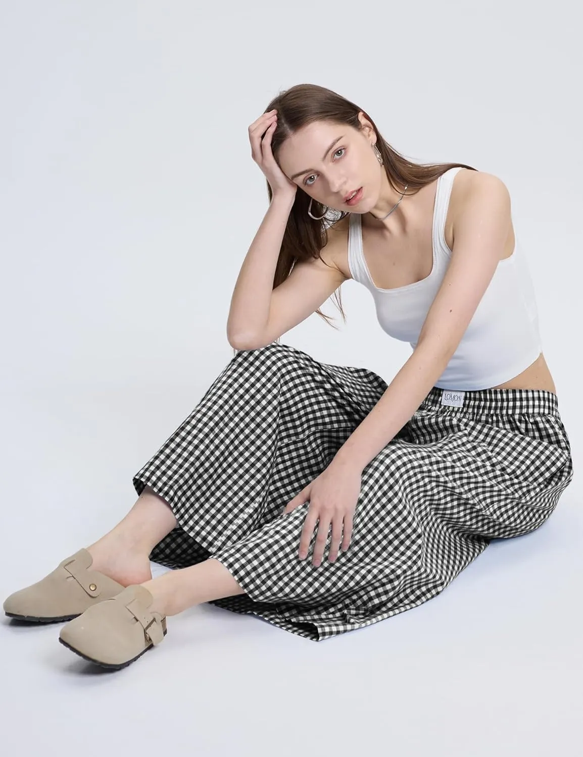 LOMON Womens Wide Leg Capri Pants Cotton Gingham Plaid Culottes Summer Elastic Waist Palazzo Trousers Bottoms with Pockets