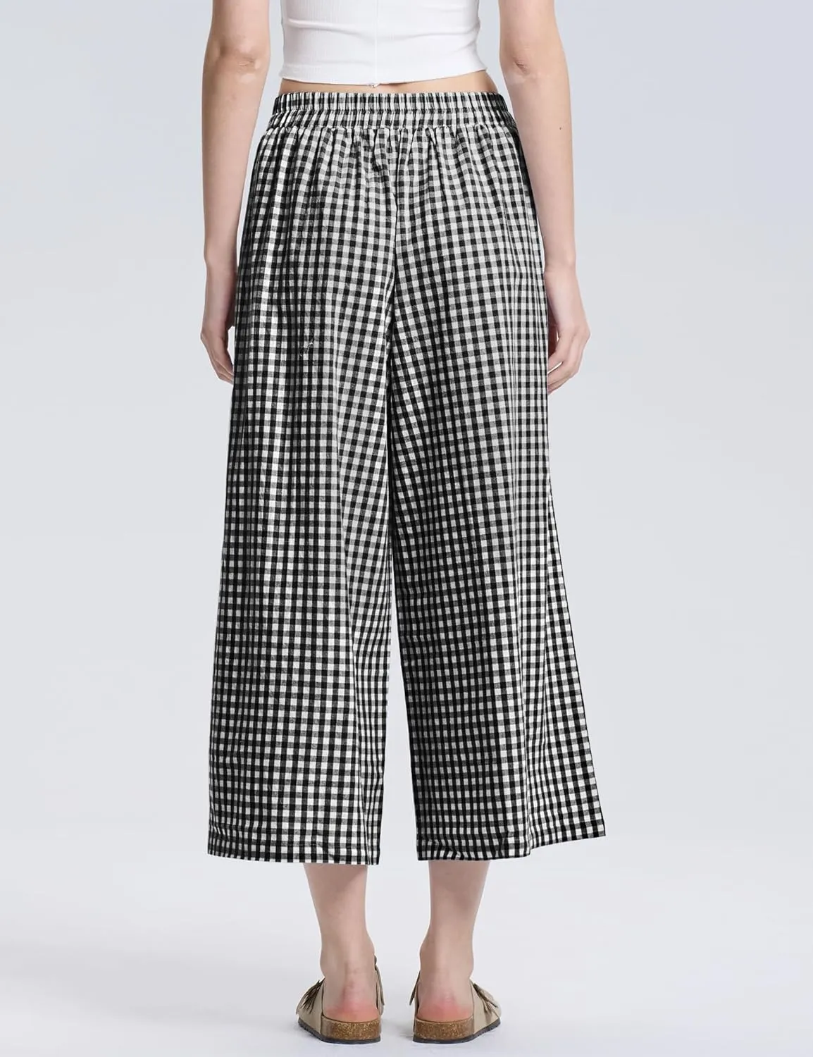 LOMON Womens Wide Leg Capri Pants Cotton Gingham Plaid Culottes Summer Elastic Waist Palazzo Trousers Bottoms with Pockets