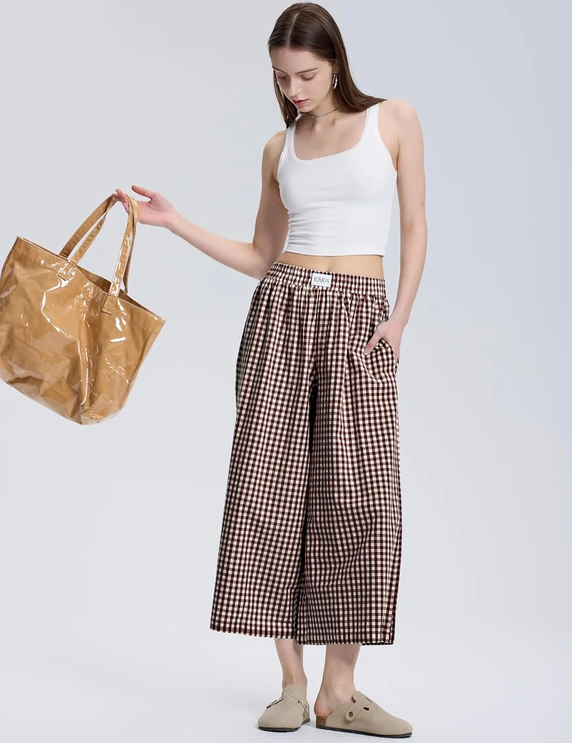 LOMON Womens Wide Leg Capri Pants Cotton Gingham Plaid Culottes Summer Elastic Waist Palazzo Trousers Bottoms with Pockets