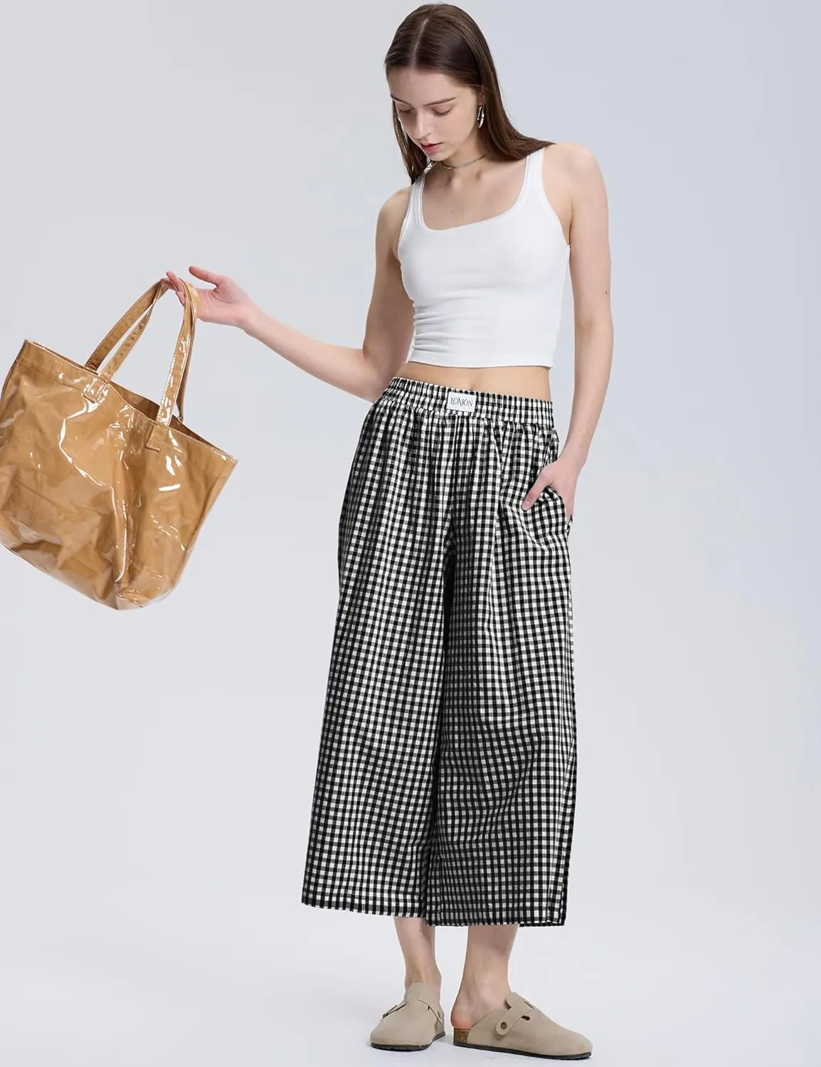 LOMON Womens Wide Leg Capri Pants Cotton Gingham Plaid Culottes Summer Elastic Waist Palazzo Trousers Bottoms with Pockets