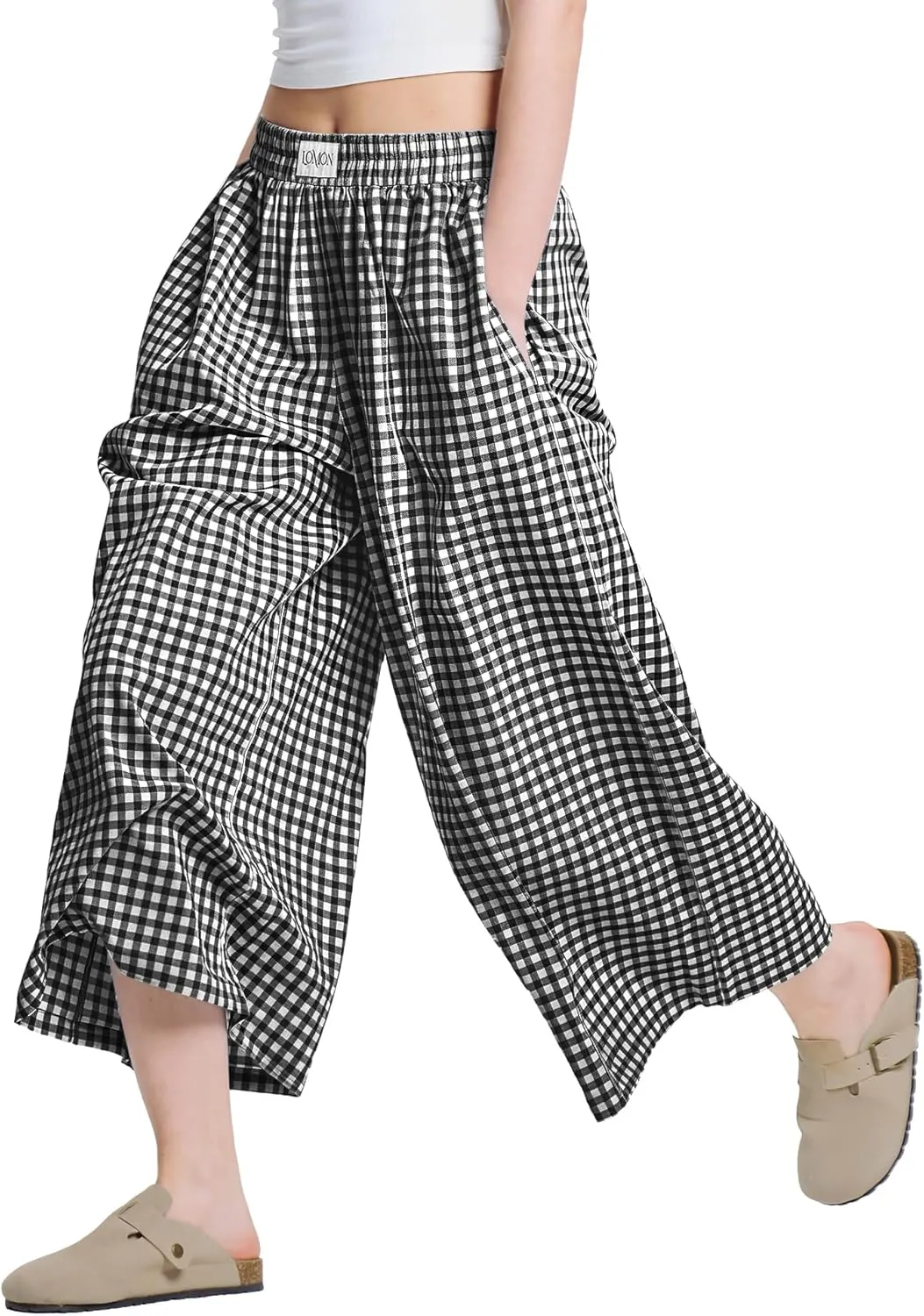 LOMON Womens Wide Leg Capri Pants Cotton Gingham Plaid Culottes Summer Elastic Waist Palazzo Trousers Bottoms with Pockets