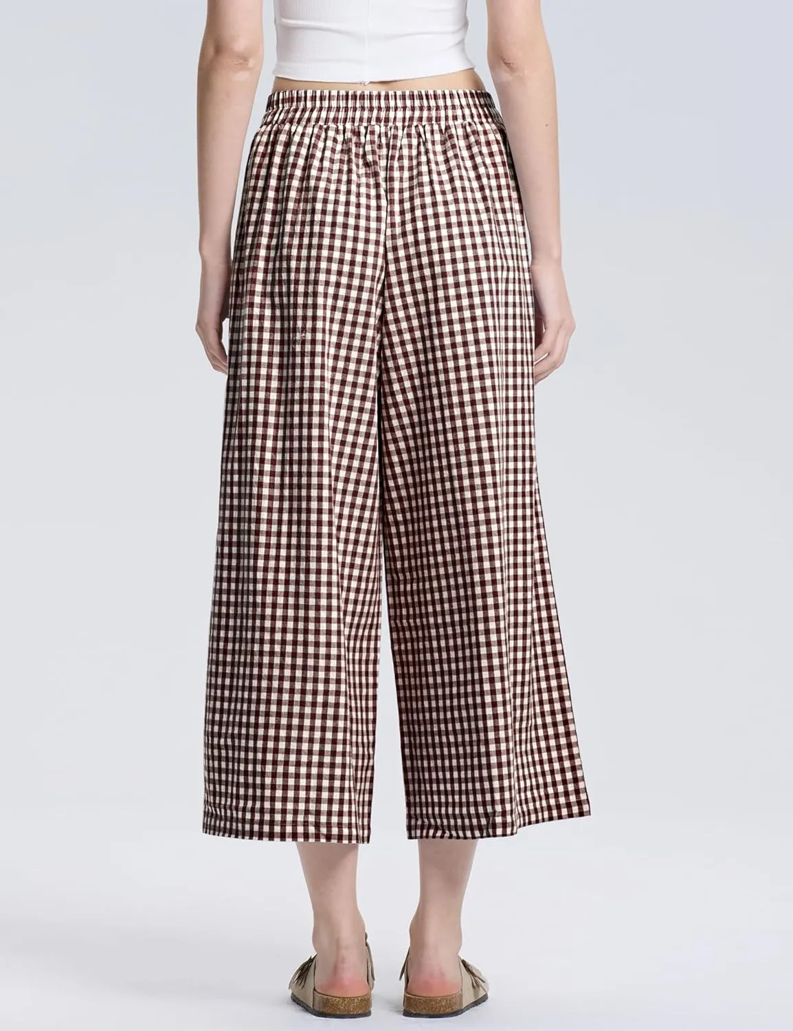LOMON Womens Wide Leg Capri Pants Cotton Gingham Plaid Culottes Summer Elastic Waist Palazzo Trousers Bottoms with Pockets