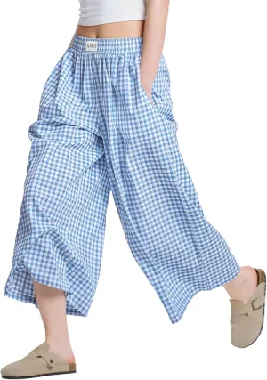 LOMON Womens Wide Leg Capri Pants Cotton Gingham Plaid Culottes Summer Elastic Waist Palazzo Trousers Bottoms with Pockets