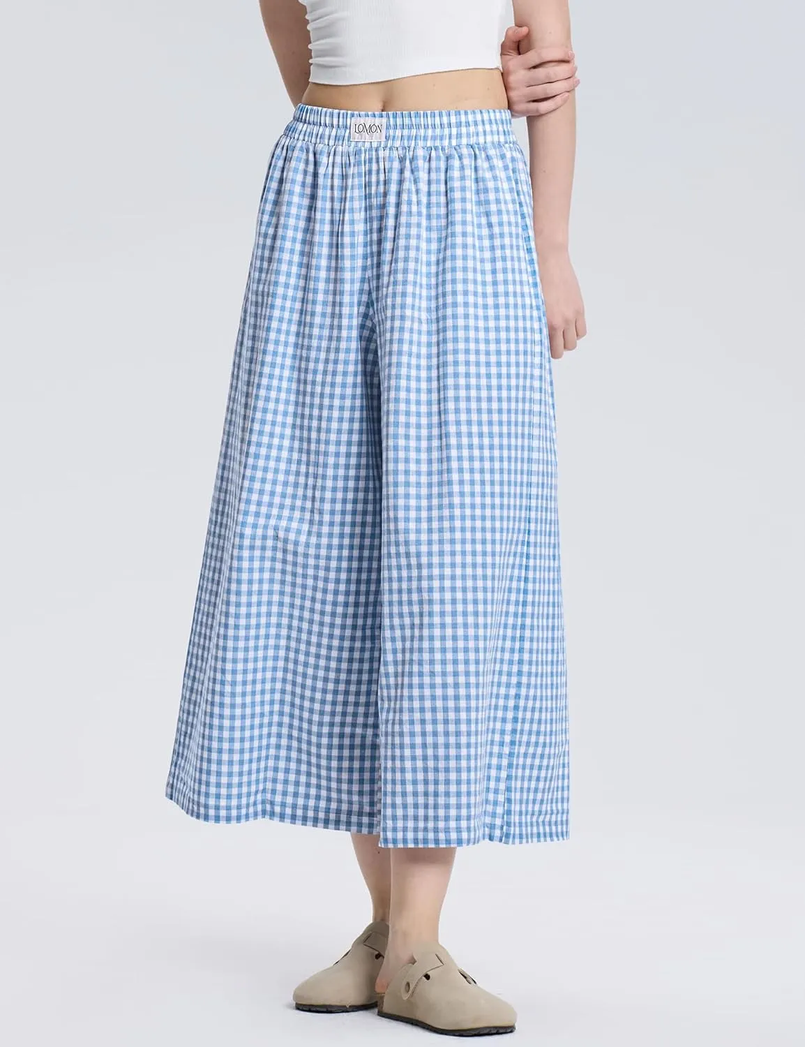LOMON Womens Wide Leg Capri Pants Cotton Gingham Plaid Culottes Summer Elastic Waist Palazzo Trousers Bottoms with Pockets