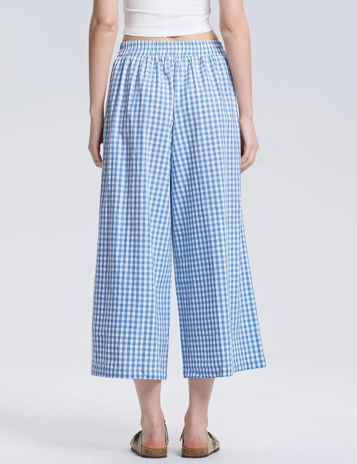 LOMON Womens Wide Leg Capri Pants Cotton Gingham Plaid Culottes Summer Elastic Waist Palazzo Trousers Bottoms with Pockets