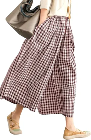 LOMON Womens Wide Leg Capri Pants Cotton Gingham Plaid Culottes Summer Elastic Waist Palazzo Trousers Bottoms with Pockets