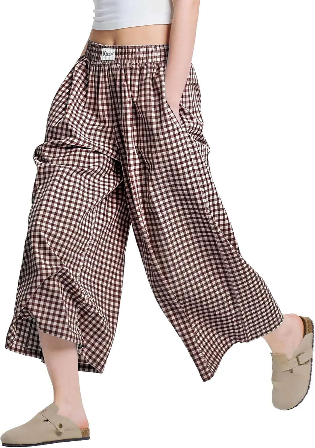 LOMON Womens Wide Leg Capri Pants Cotton Gingham Plaid Culottes Summer Elastic Waist Palazzo Trousers Bottoms with Pockets
