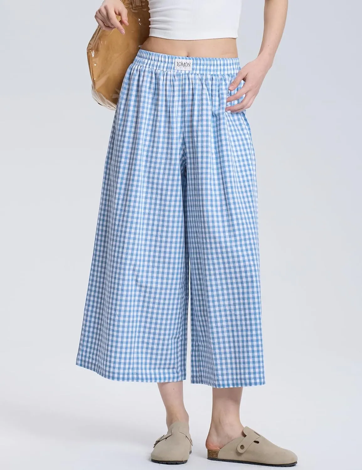 LOMON Womens Wide Leg Capri Pants Cotton Gingham Plaid Culottes Summer Elastic Waist Palazzo Trousers Bottoms with Pockets
