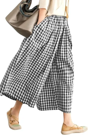 LOMON Womens Wide Leg Capri Pants Cotton Gingham Plaid Culottes Summer Elastic Waist Palazzo Trousers Bottoms with Pockets