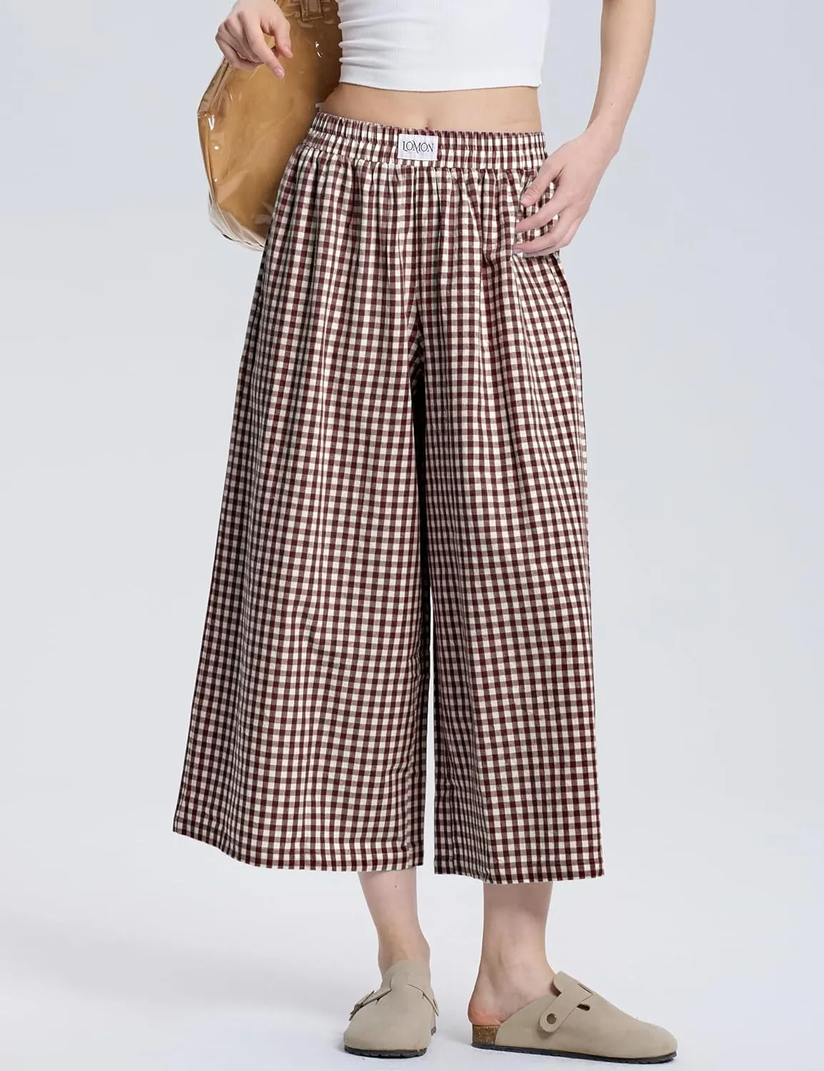 LOMON Womens Wide Leg Capri Pants Cotton Gingham Plaid Culottes Summer Elastic Waist Palazzo Trousers Bottoms with Pockets