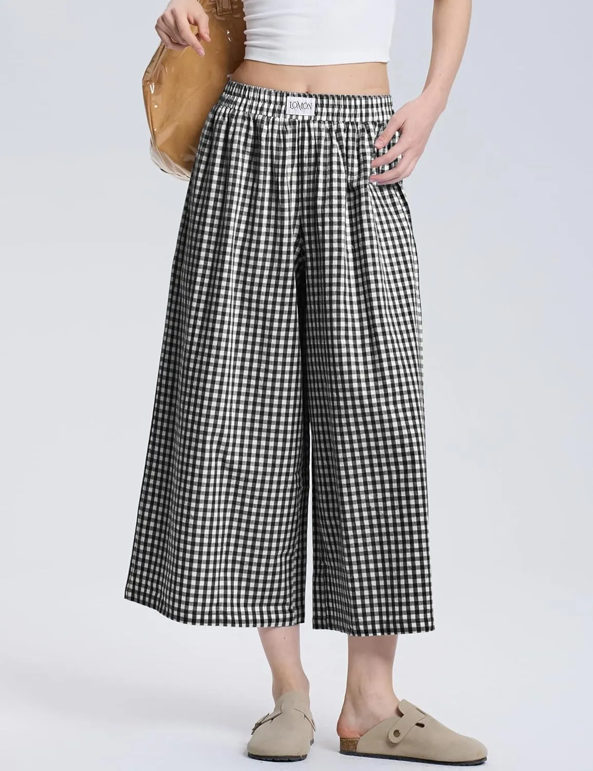 LOMON Womens Wide Leg Capri Pants Cotton Gingham Plaid Culottes Summer Elastic Waist Palazzo Trousers Bottoms with Pockets