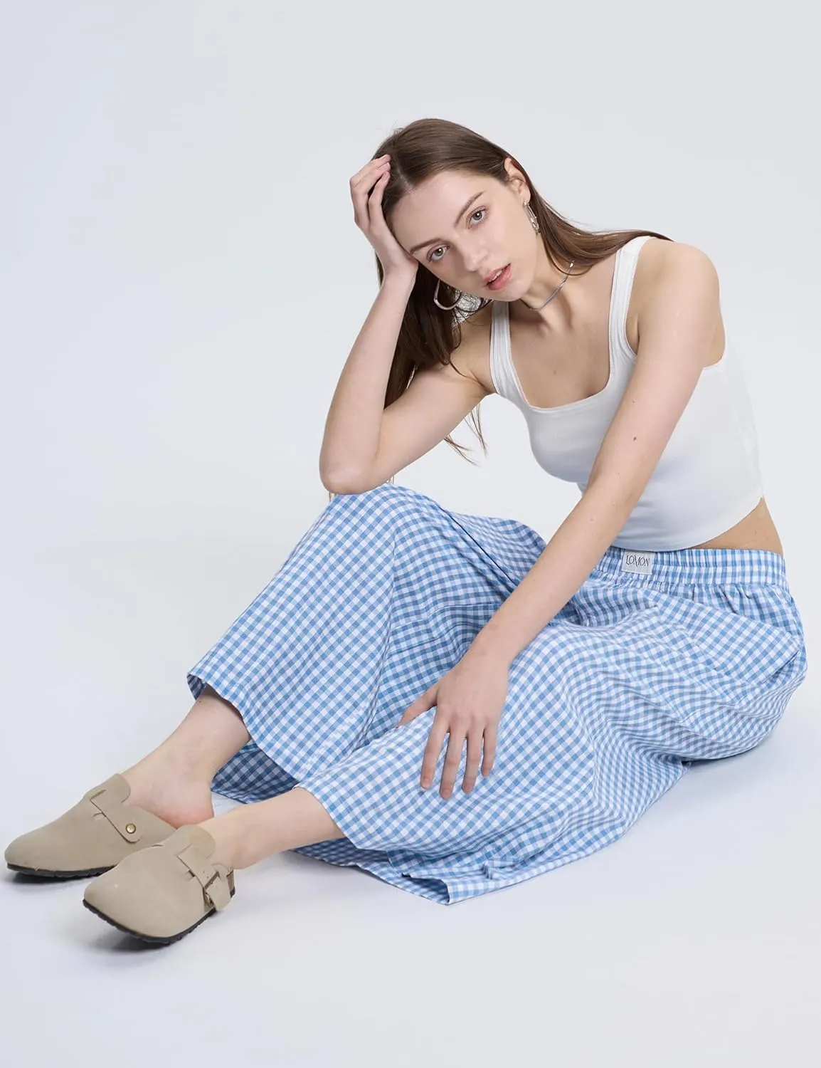 LOMON Womens Wide Leg Capri Pants Cotton Gingham Plaid Culottes Summer Elastic Waist Palazzo Trousers Bottoms with Pockets