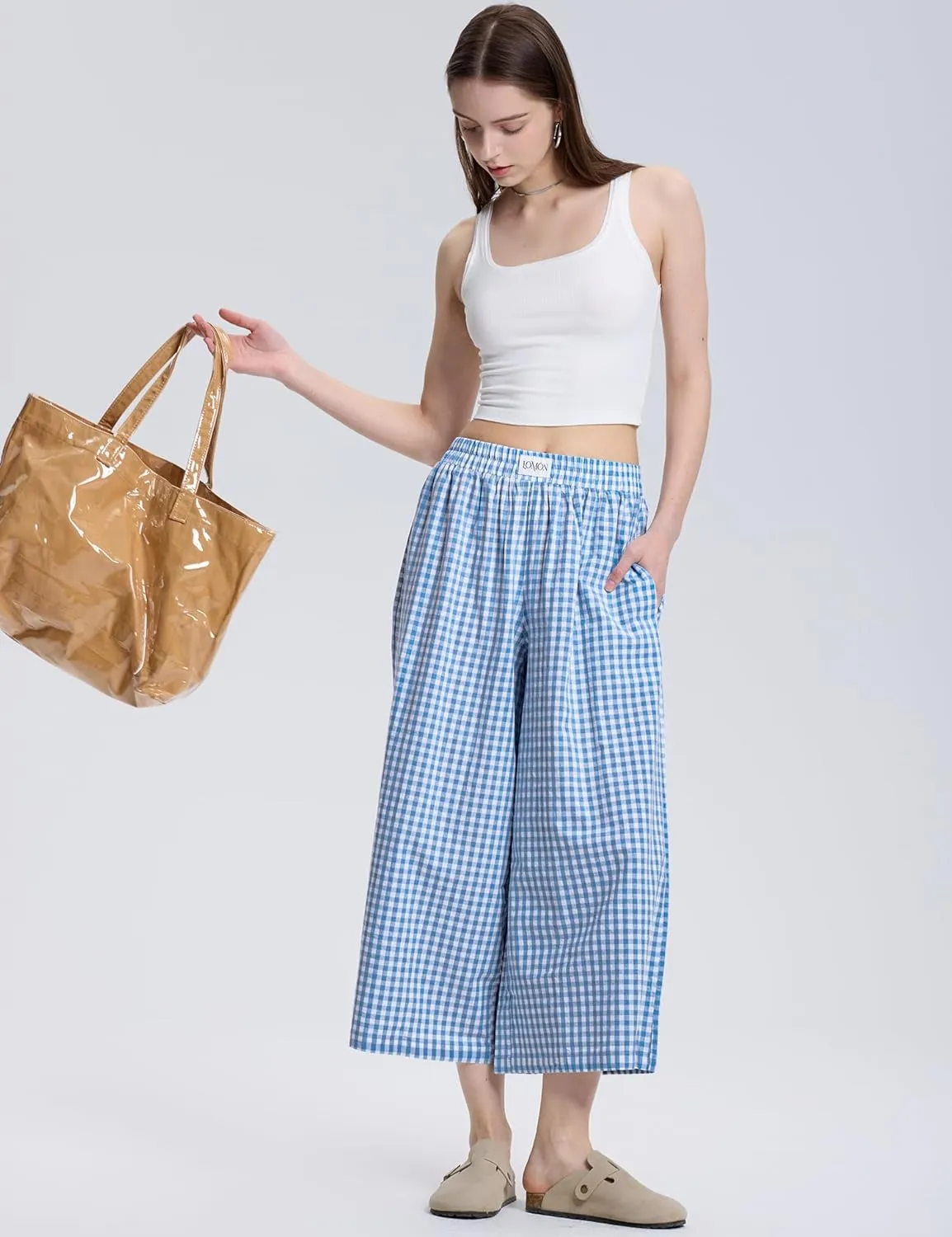 LOMON Womens Wide Leg Capri Pants Cotton Gingham Plaid Culottes Summer Elastic Waist Palazzo Trousers Bottoms with Pockets