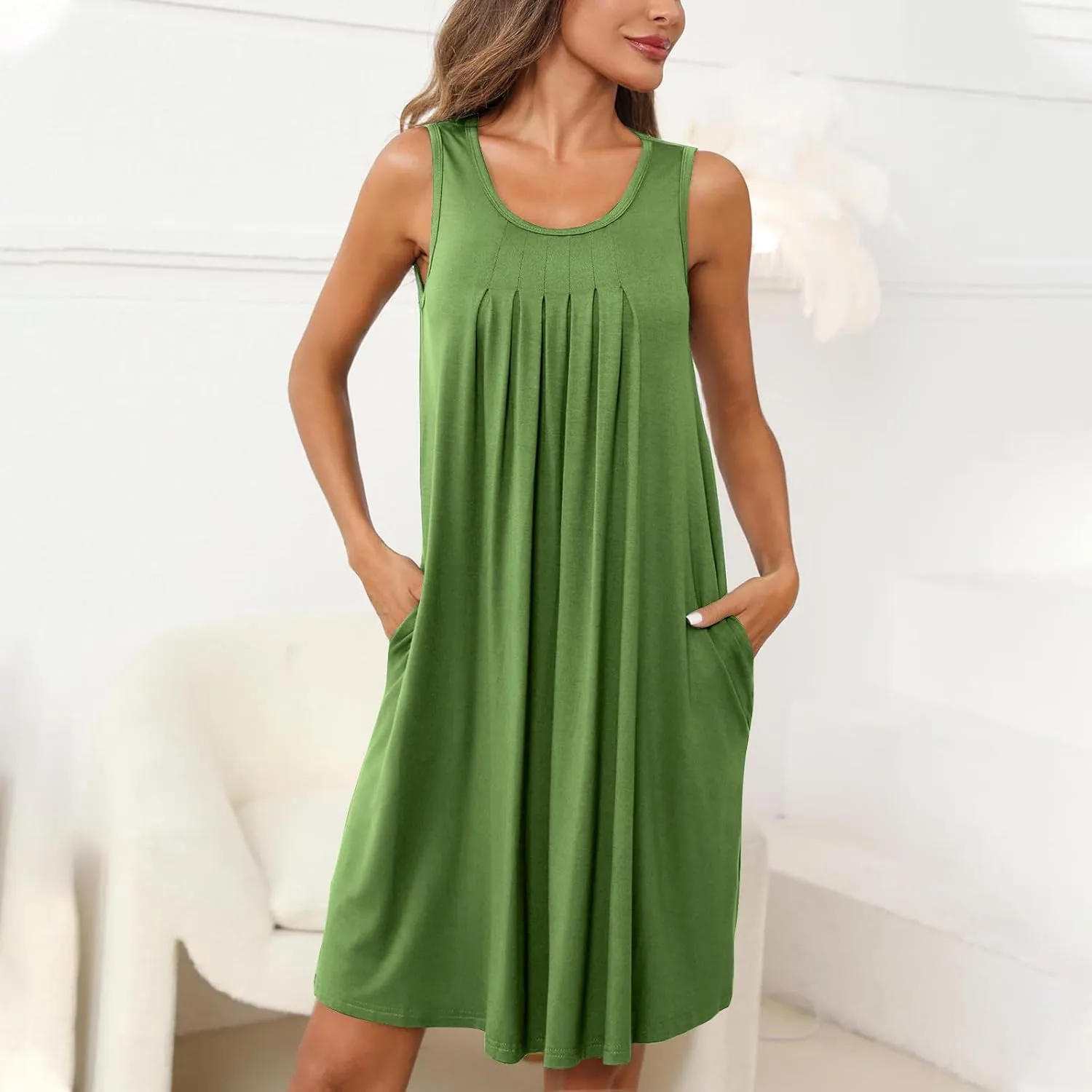 Lpmadey Women Nightgown with Pockets Sleep Shirts Sleeveless Sleepwear Pleated Front Nightshirt Soft Round Neck Nightdress