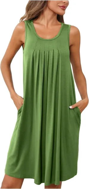 Lpmadey Women Nightgown with Pockets Sleep Shirts Sleeveless Sleepwear Pleated Front Nightshirt Soft Round Neck Nightdress