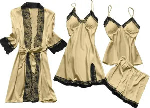 Lpmadey Women's 4pcs Sleepwear Satin Floral Lace Trim Cami Pajama Set with Robe Comfy Pajamas for Women Set Plus Size Pajamas