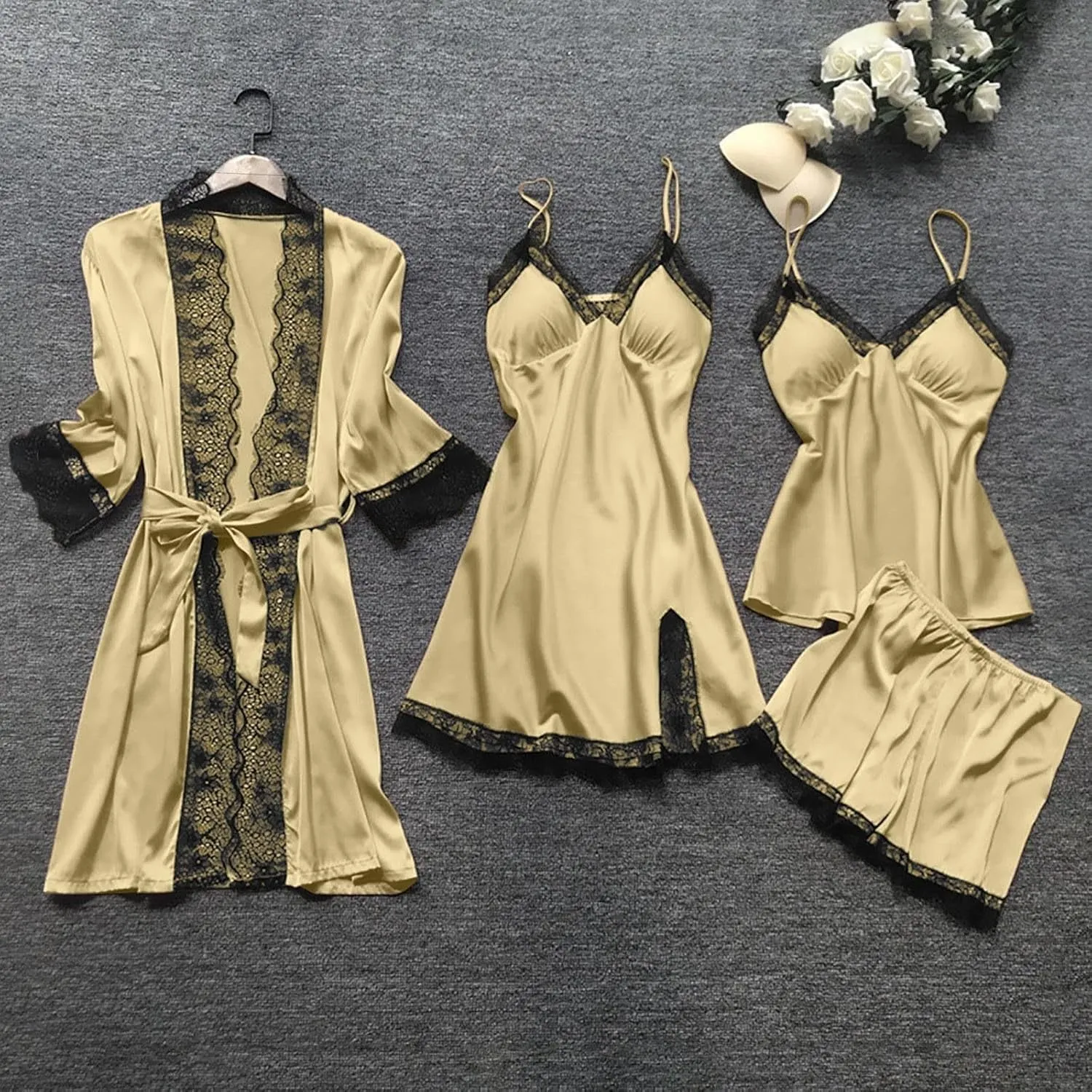 Lpmadey Women's 4pcs Sleepwear Satin Floral Lace Trim Cami Pajama Set with Robe Comfy Pajamas for Women Set Plus Size Pajamas
