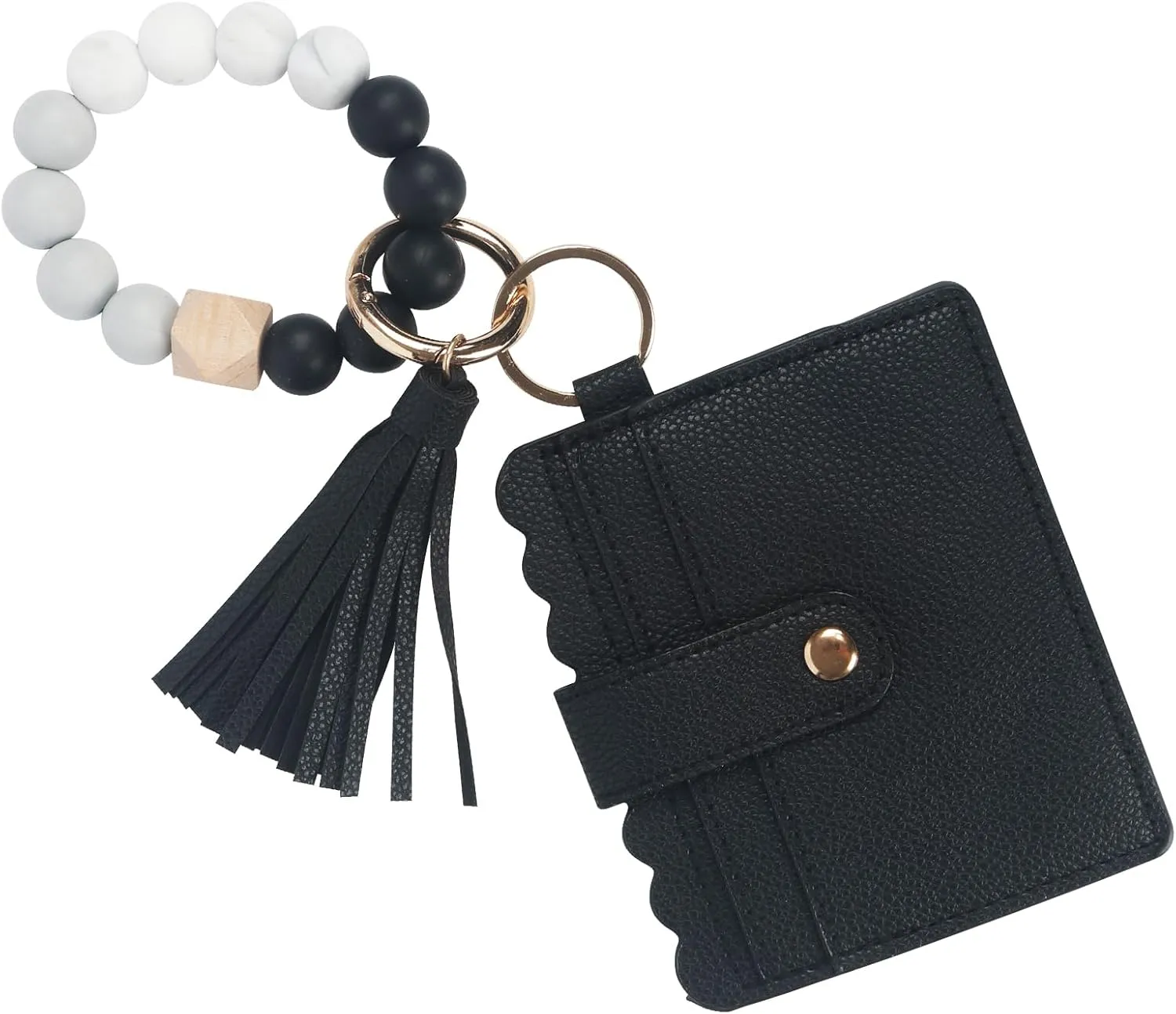 LUVI Wallet Keychain Wristlet Beaded Bracelet for Women Credit Card Holder Leather Tassel Keychain Key Ring for Men Wome Black