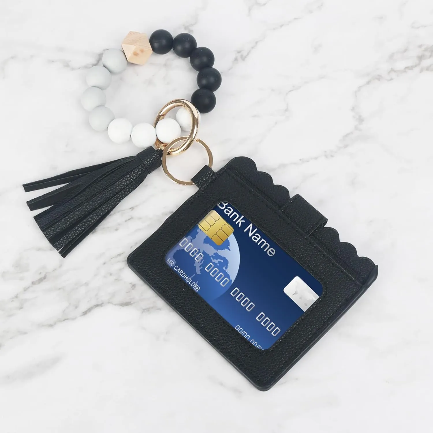 LUVI Wallet Keychain Wristlet Beaded Bracelet for Women Credit Card Holder Leather Tassel Keychain Key Ring for Men Wome Black