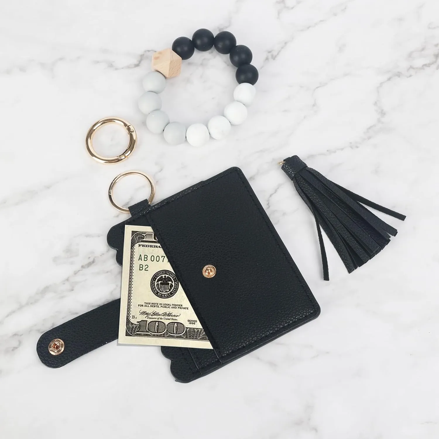 LUVI Wallet Keychain Wristlet Beaded Bracelet for Women Credit Card Holder Leather Tassel Keychain Key Ring for Men Wome Black