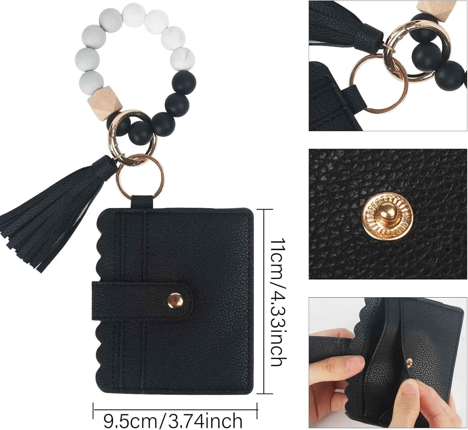 LUVI Wallet Keychain Wristlet Beaded Bracelet for Women Credit Card Holder Leather Tassel Keychain Key Ring for Men Wome Black