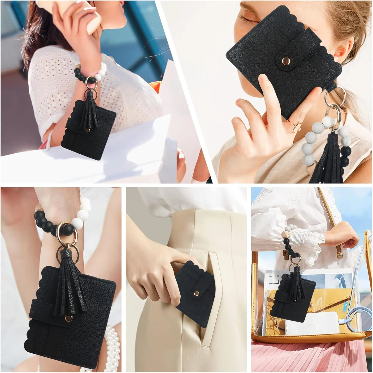 LUVI Wallet Keychain Wristlet Beaded Bracelet for Women Credit Card Holder Leather Tassel Keychain Key Ring for Men Wome Black