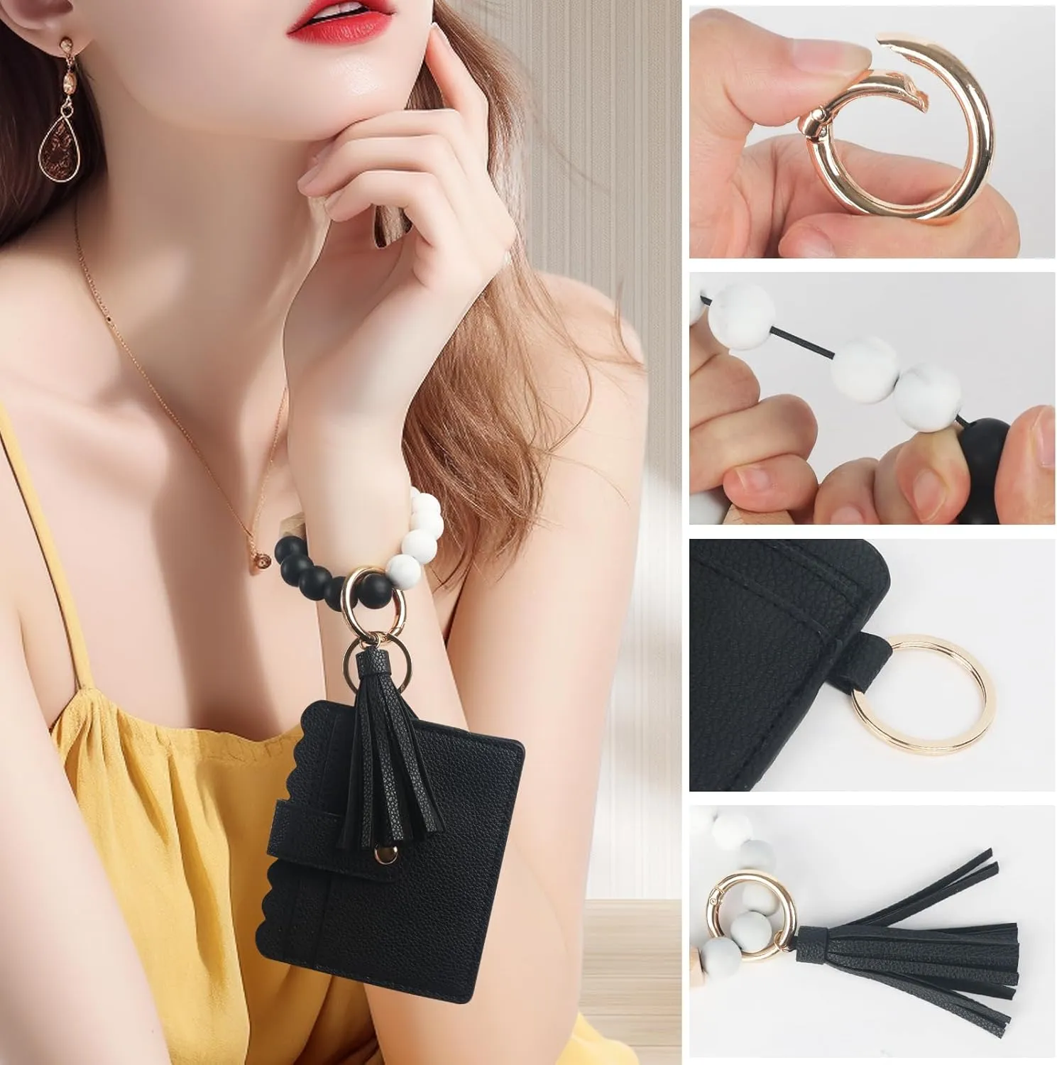 LUVI Wallet Keychain Wristlet Beaded Bracelet for Women Credit Card Holder Leather Tassel Keychain Key Ring for Men Wome Black
