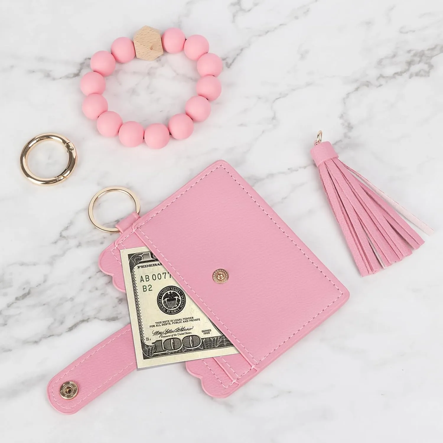 LUVI Wallet Keychain Wristlet Beaded Bracelet for Women Credit Card Holder Leather Tassel Keychain Key Ring for Men Wome Pink