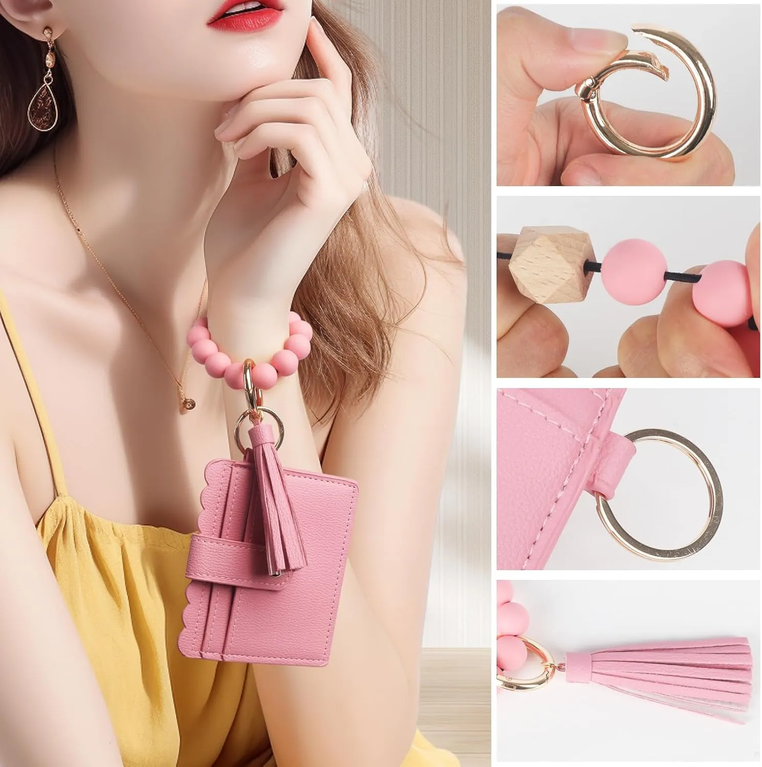 LUVI Wallet Keychain Wristlet Beaded Bracelet for Women Credit Card Holder Leather Tassel Keychain Key Ring for Men Wome Pink