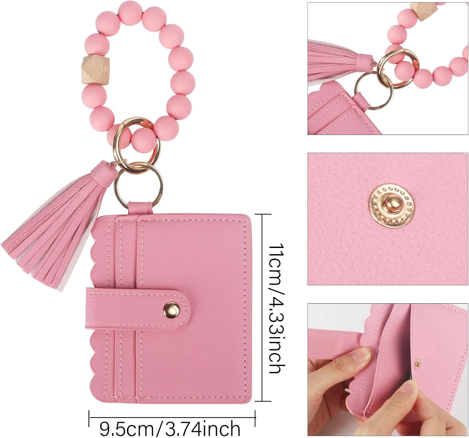 LUVI Wallet Keychain Wristlet Beaded Bracelet for Women Credit Card Holder Leather Tassel Keychain Key Ring for Men Wome Pink