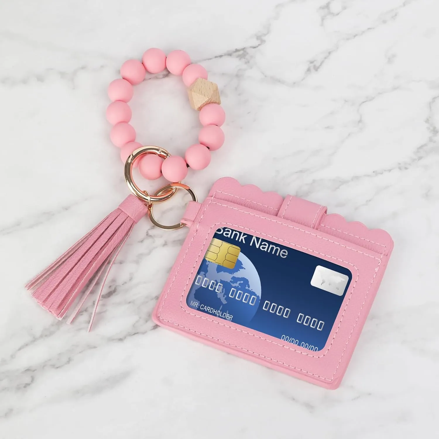 LUVI Wallet Keychain Wristlet Beaded Bracelet for Women Credit Card Holder Leather Tassel Keychain Key Ring for Men Wome Pink