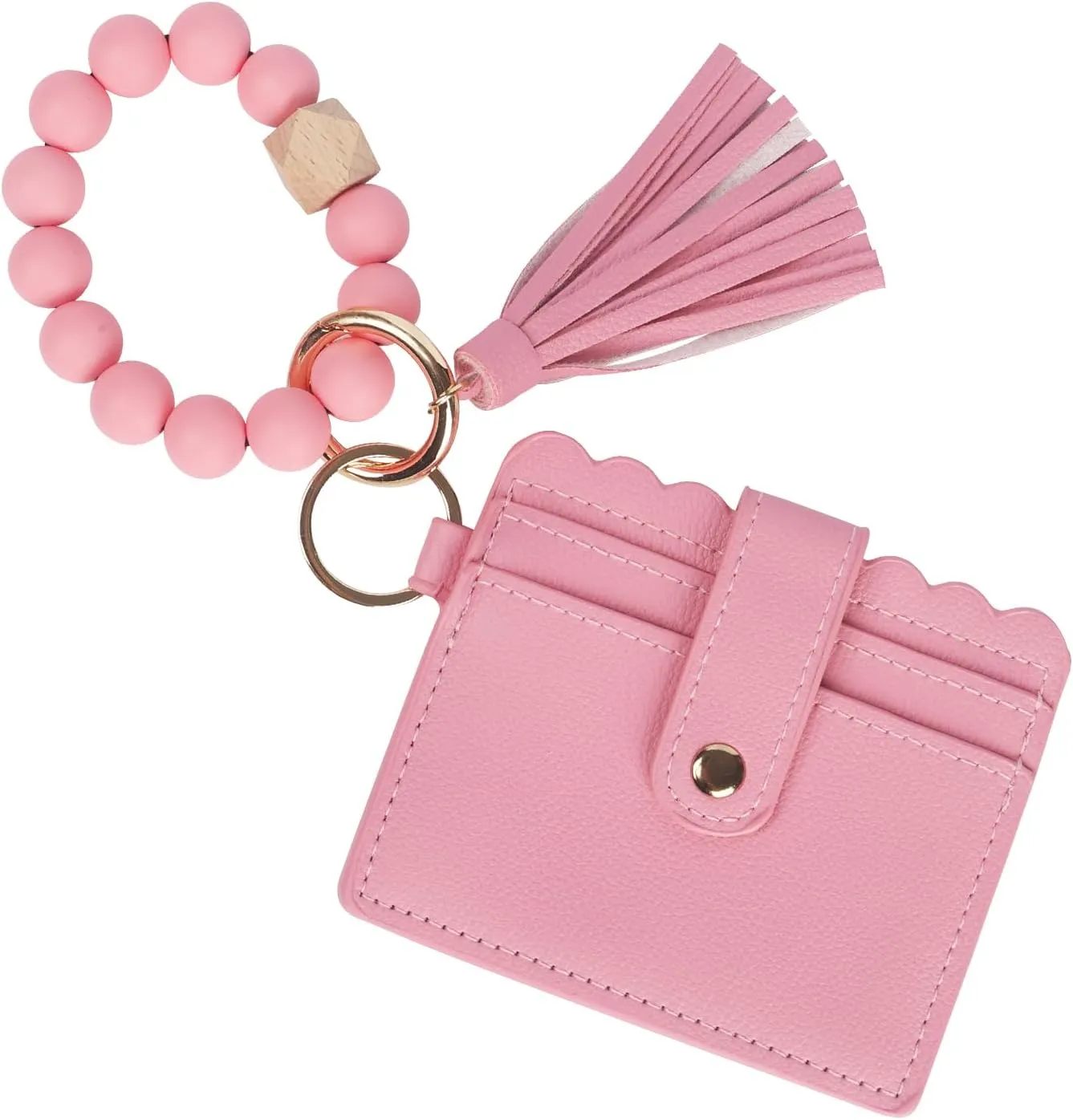 LUVI Wallet Keychain Wristlet Beaded Bracelet for Women Credit Card Holder Leather Tassel Keychain Key Ring for Men Wome Pink