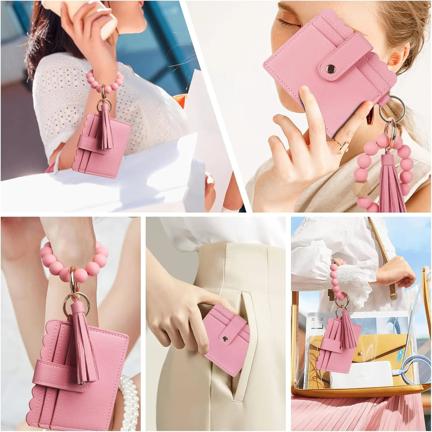 LUVI Wallet Keychain Wristlet Beaded Bracelet for Women Credit Card Holder Leather Tassel Keychain Key Ring for Men Wome Pink