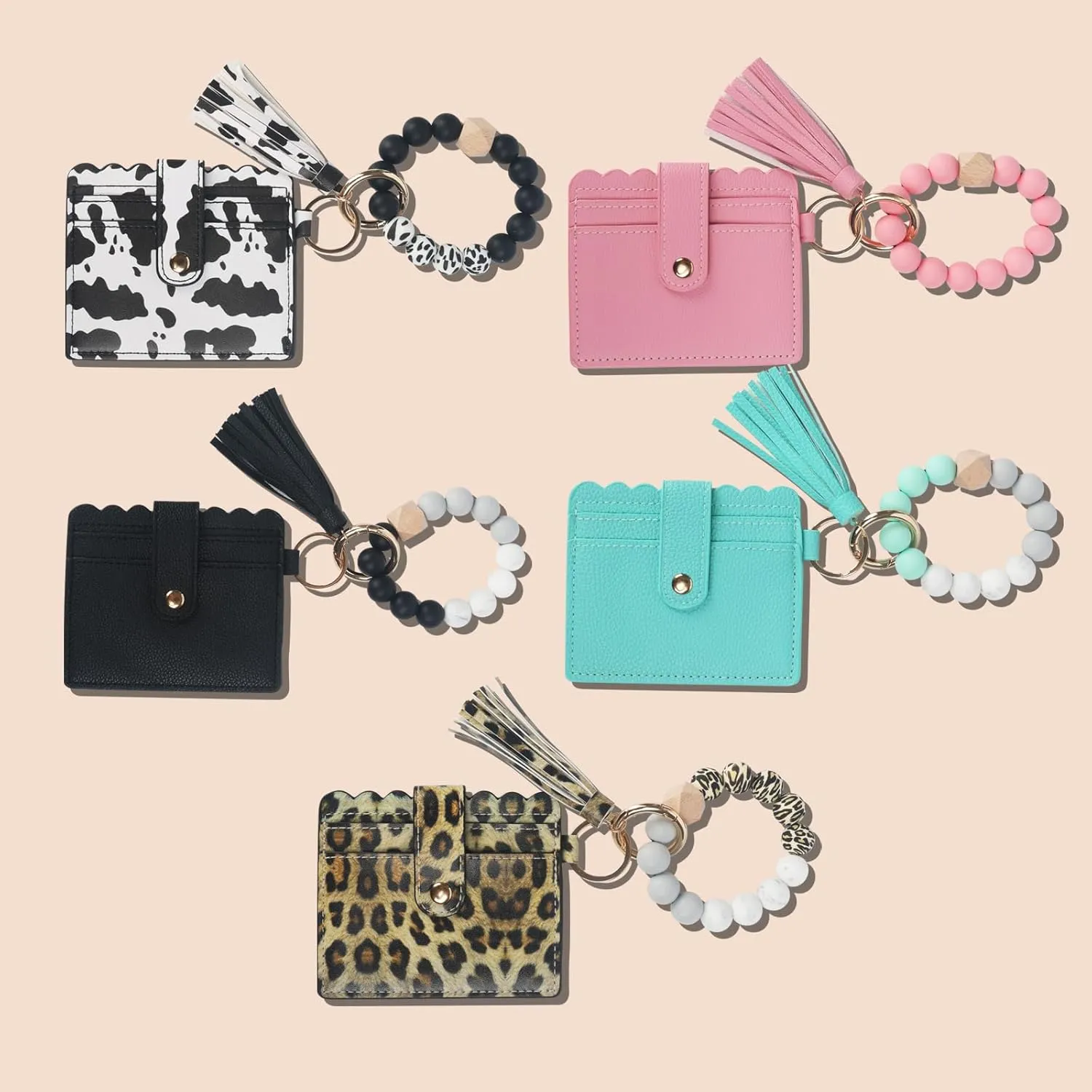 LUVI Wallet Keychain Wristlet Beaded Bracelet for Women Credit Card Holder Leather Tassel Keychain Key Ring for Men Wome Pink