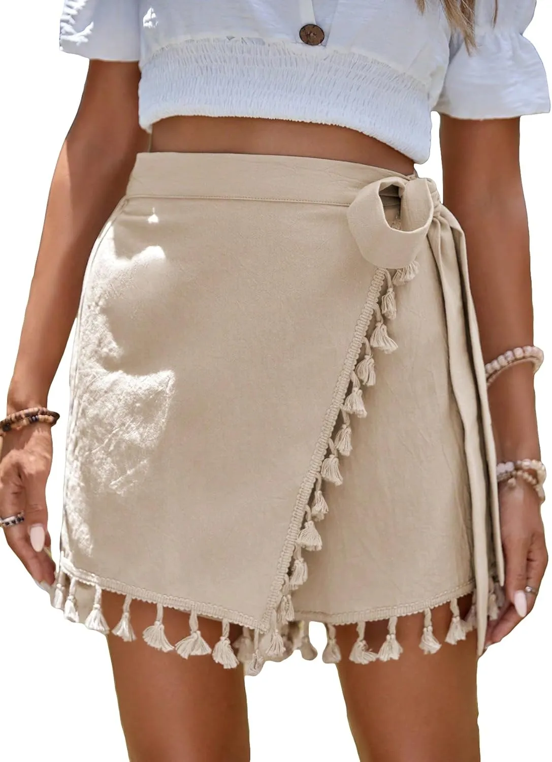 MakeMeChic Women's Casual Fringe Trims Wrap Tie Knot Side Skort Skirt