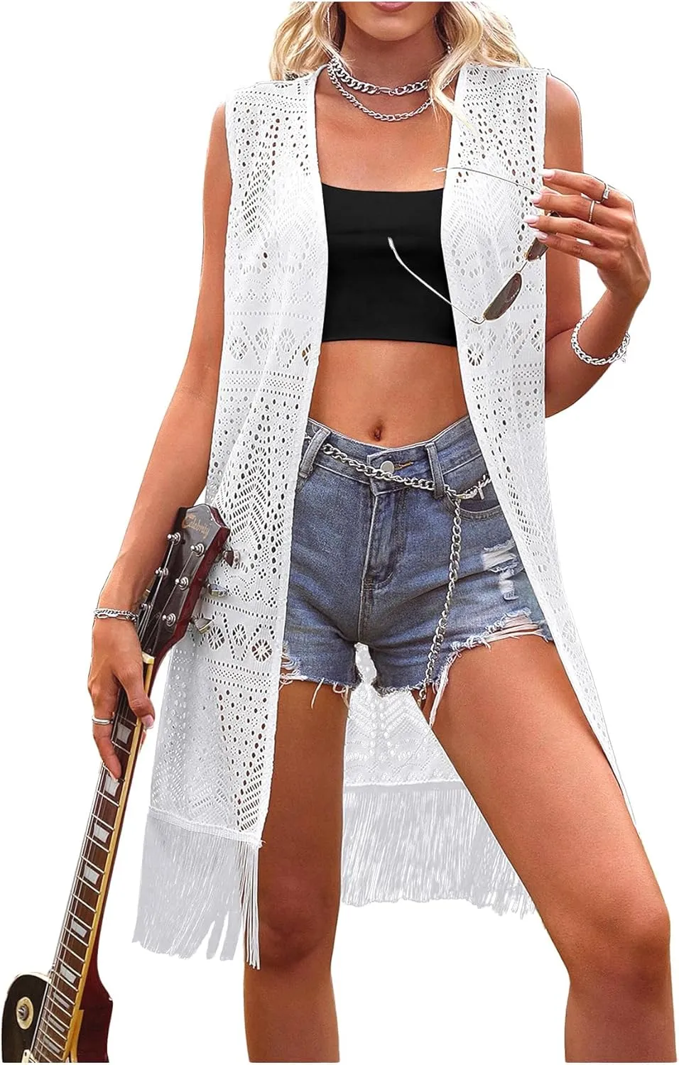 MakeMeChic Women's Fringe Vest Sleeveless Crochet Open Front Vintage Jacket Cardigan