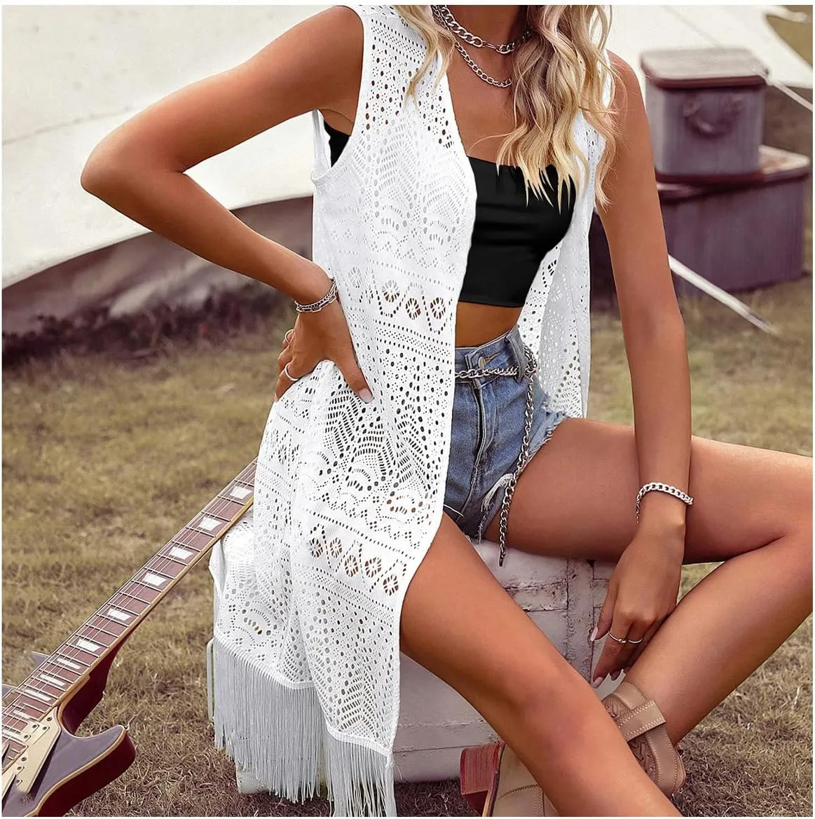MakeMeChic Women's Fringe Vest Sleeveless Crochet Open Front Vintage Jacket Cardigan