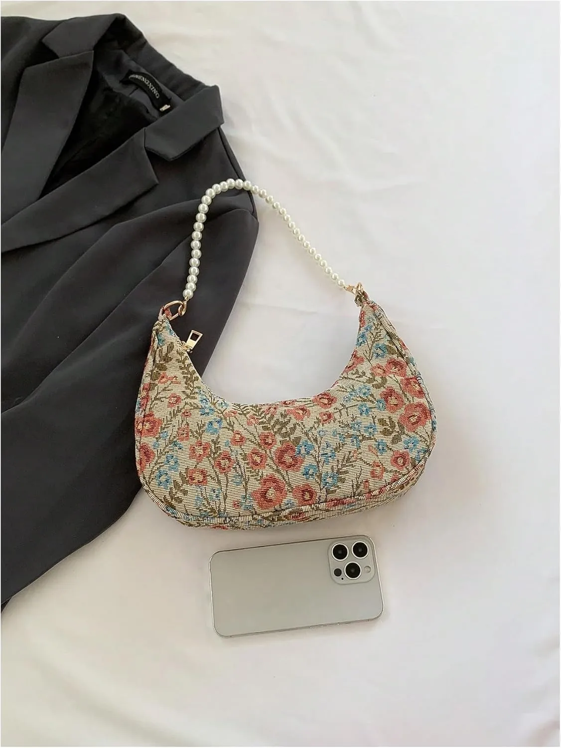 MakeMeChic Women's Metallic Pearl Beaded Ruched Single Strap Shoulder Handbags Hobo Bags