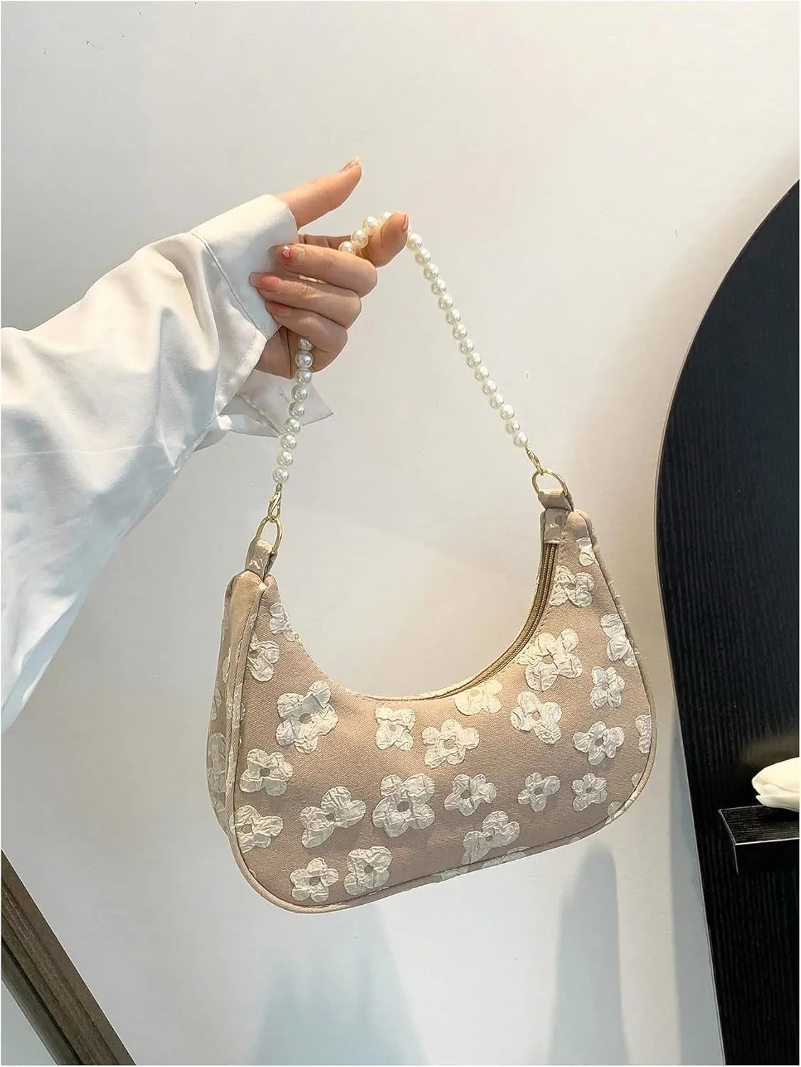 MakeMeChic Women's Metallic Pearl Beaded Ruched Single Strap Shoulder Handbags Hobo Bags