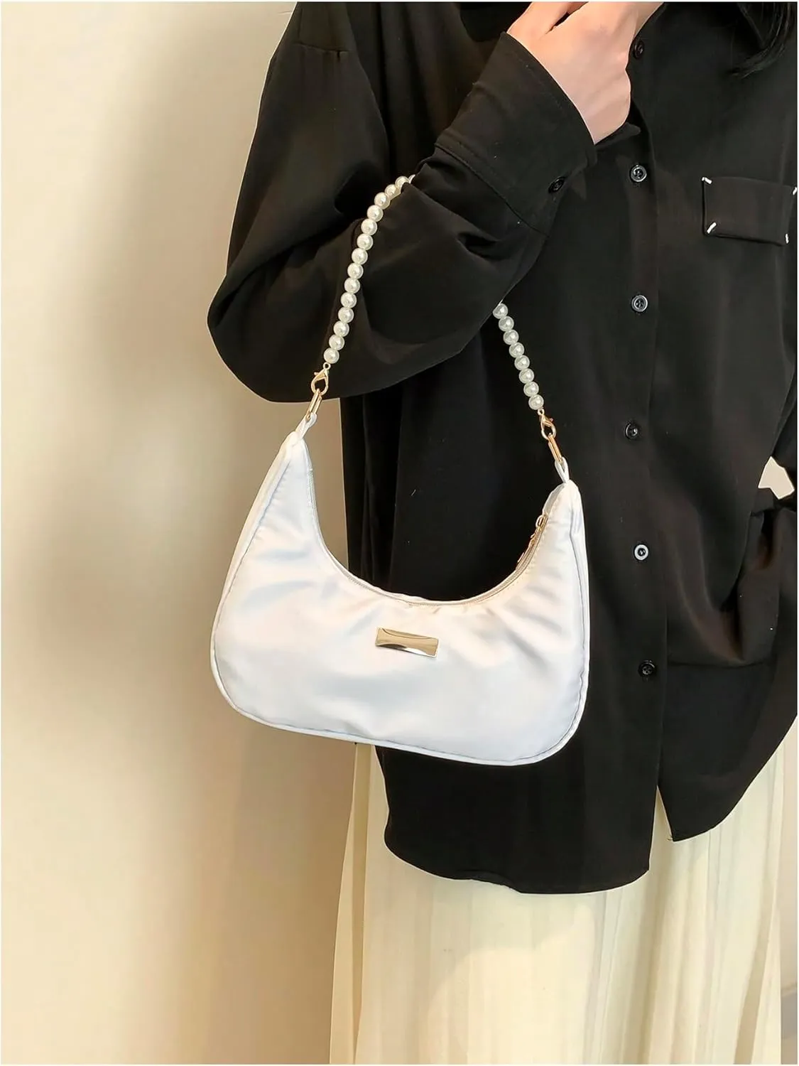 MakeMeChic Women's Metallic Pearl Beaded Ruched Single Strap Shoulder Handbags Hobo Bags