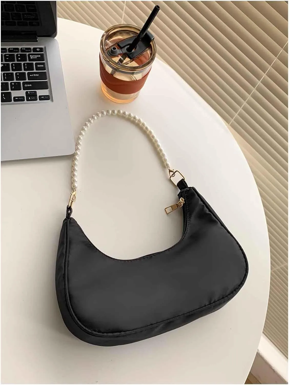 MakeMeChic Women's Metallic Pearl Beaded Ruched Single Strap Shoulder Handbags Hobo Bags