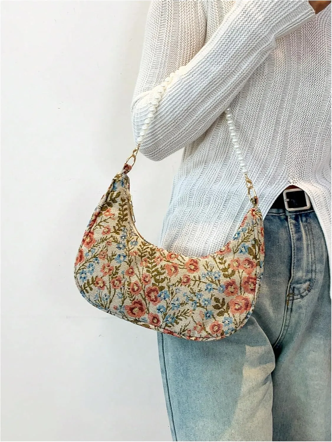 MakeMeChic Women's Metallic Pearl Beaded Ruched Single Strap Shoulder Handbags Hobo Bags